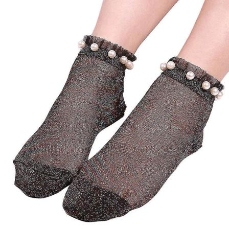 Sexiga kvinnor Faux Pearl Glitter Transparent Low Cut Elastiska Korta Ankel Strumpor Black-Golden