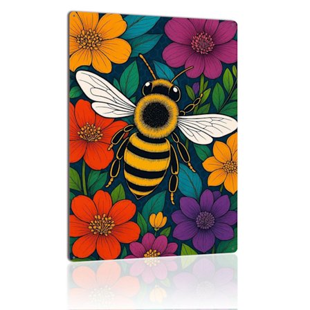 Bi metalskilt Humlebi med farverige blomster Kunst Vintage Blikskilt Plade til Natur- og Haveelskere