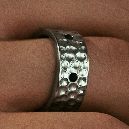 Orphic | 9 mm Black Zirconia Hammered Silver-Tone Stainless Steel Ring for Men - Steel rings