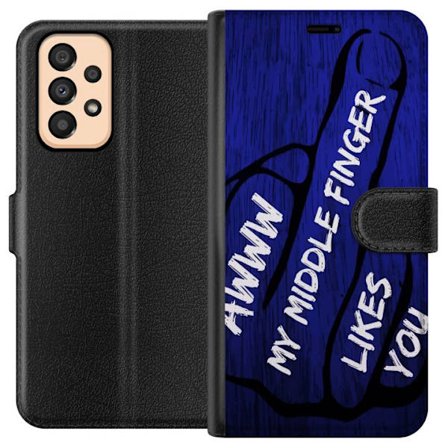 Kompatibelt Lommeboketui til Samsung Galaxy A33 5G Mørk typografisk illustrasjon med hjerteform og budskap om vennskap mot dyp blå tretekstur