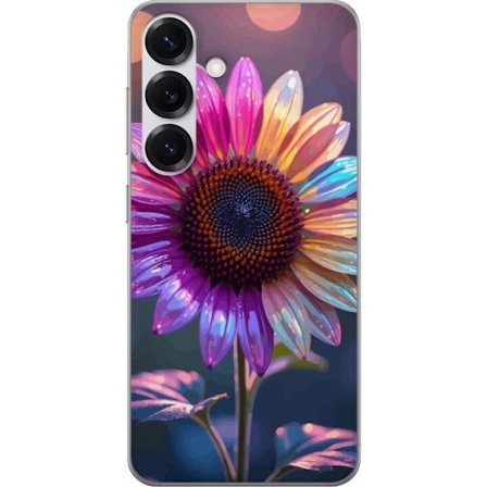 Kompatibelt Mobildeksel til Samsung Galaxy S25 Irideserende blomst med glitrende kronblad i rosa lilla og gull mot myk bokeh bakgrunn