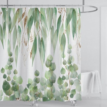 Akvarel Blade Bruseforhæng Sæt Vandtæt Blomsterplante Blade Stof Badeværelsesforhæng med Kroge, B200xH180cm
