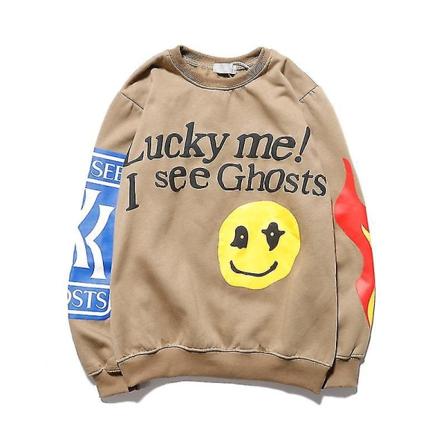 Mænd og kvinders partøj Kanye sweater Trendy mærke Smileyprint Løs rund hals til mænd og kvinder fleecejakke Khaki XXL