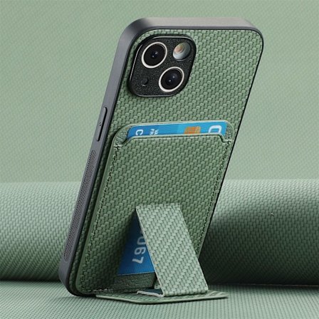 Fodral för iPhone15 grön multi-vinkel fäste kolfibertextur kortplats hud fint hål