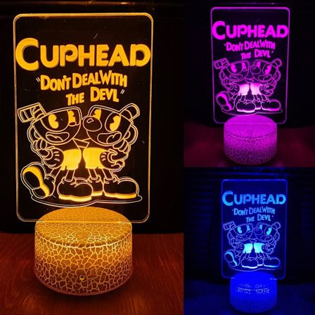 Cuphead Mugman 3D Yövalo, 16 Väriä Vaihtuva Cartoon USB Työpöytälamppu Mecup ja Brocup Illuusiovalaistus