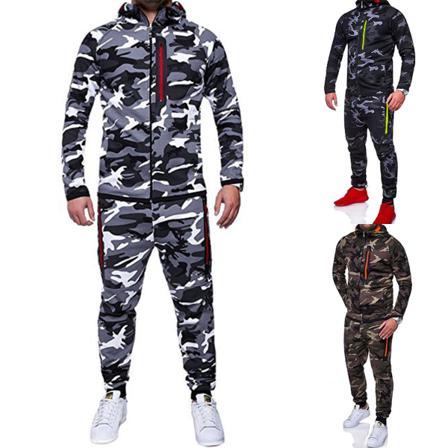 Män Camouflage Hooded Set Joggers Dragkedja Sweats Toppar Byxor