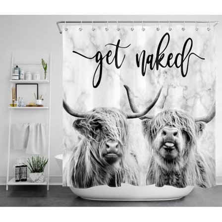 Duschdraperi med Highland-ko-motiv, lantlig stil, med krokar, rolig västerländsk W