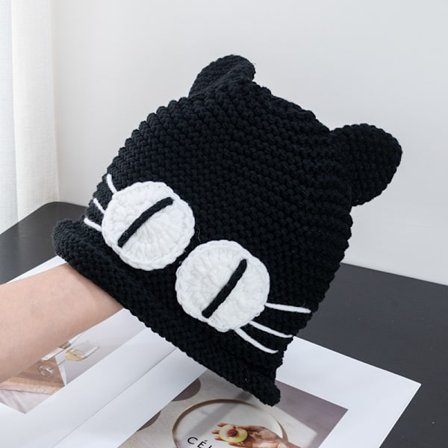Dam Anime Mössa Vinter Varma Mössa Söta Katt Virkad Mössa Kattöron Stickad Mössa Flickor Stora Ögon Utomhus Skidmössa Svart, Svart 56-58cm