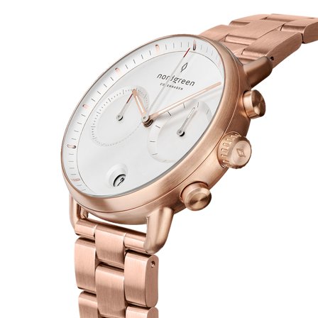Nordgreen Men's Large Face Watch - Rose Gold Case - White Dial - 3 Linked Metal Watch Strap Pioneer White Dial Chronograph
