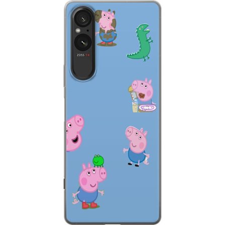Kompatibel Mobilcover til Sony Xperia 5 V Peppa Pig ansigtsmønster på lyseblå baggrund, gentaget legende børne motiv med Greta Gris