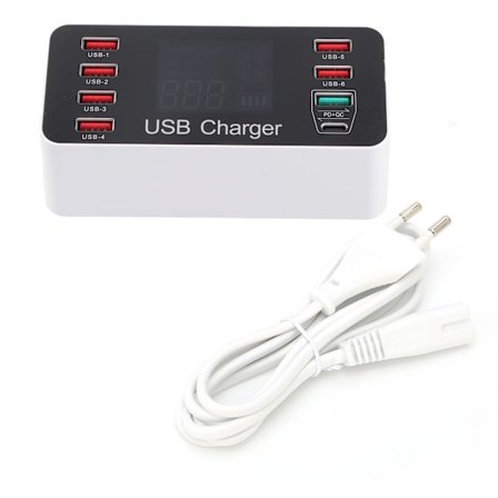 LCD-skärm USB-laddare 8 Port TypeC Snabbladdning 40W för Telefon Surfplatta Dator (EU-kontakt)