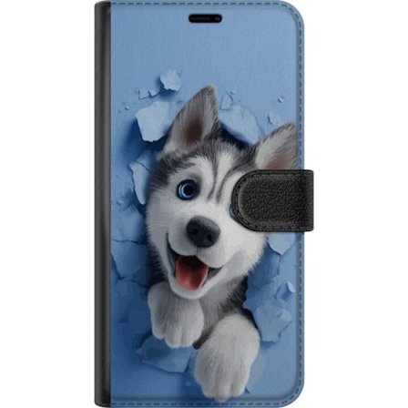 Google Pixel 9a Tegnebogsetui Sød og realistisk hvalpehusky der bryder igennem væggen i et charmerende dyremotiv, perfekt til børn og hundeelskere