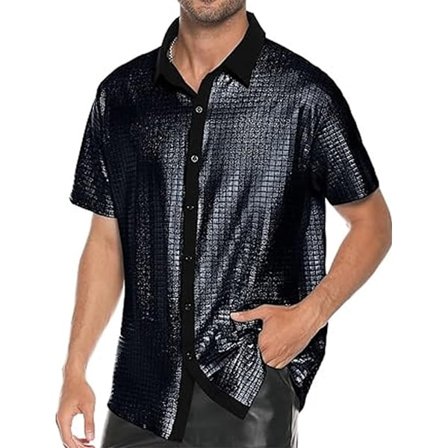 Herr 70-tals 80-tals Glittriga Paljett Skjortor Metallisk Party Kostym Kortärmad Knäppskjorta Rolig Nattklubbs T-shirt Svart