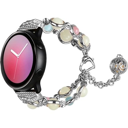 Pärlband kompatibelt med Samsung Galaxy Watch Active 2/Galaxy Watch, elastiskt pärlband med nattlysande pärlor, armband för tjejer, silver