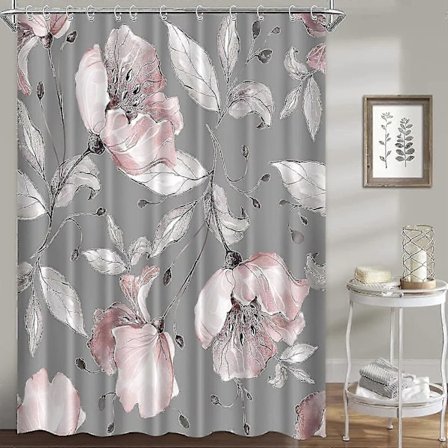 Blomstret bruseforhæng til badeværelset, pink grå rose blomster bruseforhæng sæt blå baggrund stof vandtæt vaskbart