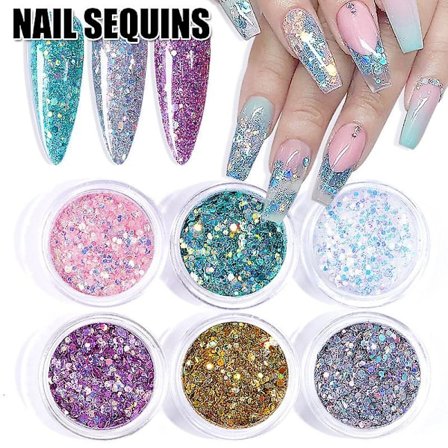 6 stk. Pink Sød Negleglitter Sæt Holografisk Neglepudder Flager Manicure Ultratynd Neglekunst Sequin