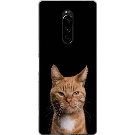 Kompatibelt Mobildeksel til Sony Xperia 1 Nærbilde av oransje katt mot svart bakgrunn, uttrykksfullt blikk og høy kontrast som gir en minimalistisk me