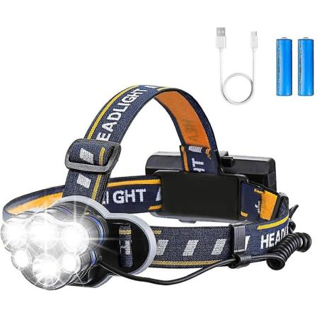 Erittäin kirkas otsalamppu, ladattava led-taskulamppu Led-otsalaisin 6 ledillä 12000lm 8 valaistustilaa USB kaapelilla ja 2 paristolla