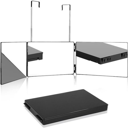 360° Miesten Hiustenleikkuu Peili, 3 Sivua Koukuilla, Kannettava, Kokoontaitettava ja Säädettävä Korkeus, Hiustenleikkuuseen, Parranajoon, 