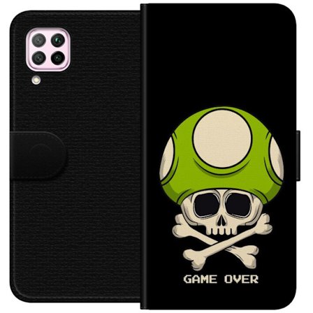 Yhteensopiva Lompakkokotelo Huawei Huawei P40 lite Pelimotiivi, jossa on kuolonsyöjä ja vihreä sieni retro pelityylillä ja tekstillä game over
