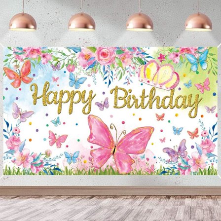 Fjärilstema Grattis på födelsedagen Banner Fjärilstema Fotografi Bakgrund Fjärilsbakgrund för Flickor Fjärilsfödelsedagsfest Dekoration