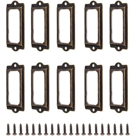 10 st Namnskyltsram 70 x 33 mm Metall Brons Retro Vintage Tag Card Frame Holder Bokhyllor Låda Skåp med Skruvar