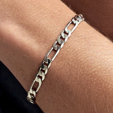 Argentia | 925s | Pulsera de cadena figaro de plata de ley chapada en rodio de 6 mm para hombres - Pulseras de acero