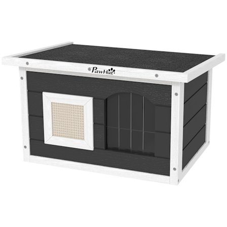 Kattehus i træ, kattehule med kradsemåtte, dørklap, vejrbestandigt kattehus med foldetag, aftageligt gulv, til indendørs, udendørs, 61 x 45 x 36,5 cm,