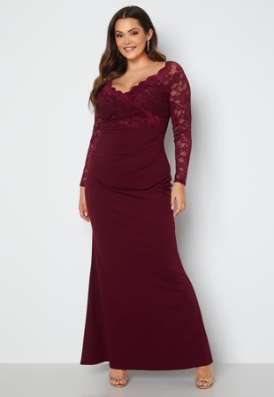 Goddiva Curve Long Sleeve Lace Trim Maxi Dress Dark Wine Klær