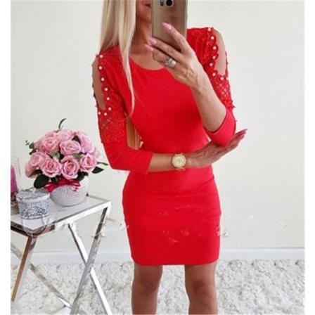 Broderade Spets Blommor Applikationer Klänning Kall Axel Minikropp