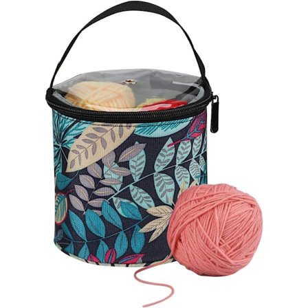 Bærbare strikkeposer til opbevaring af garn, ufærdige projekter, nåle og andet tilbehør i garnopbevaringsposer.