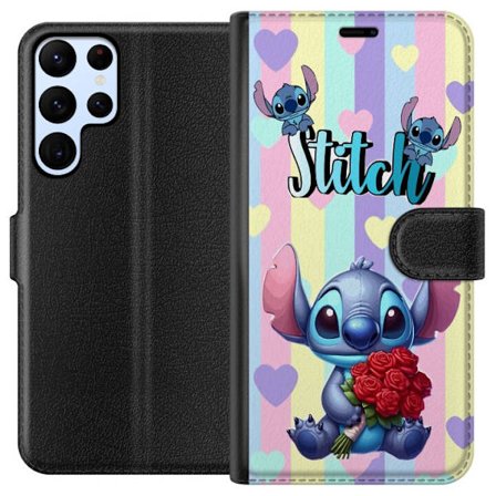 Kompatibelt Lommeboketui til Samsung Galaxy S22 Ultra 5G Romantisk illustrasjon av Stitch som holder røde roser mot stripet bakgrunn