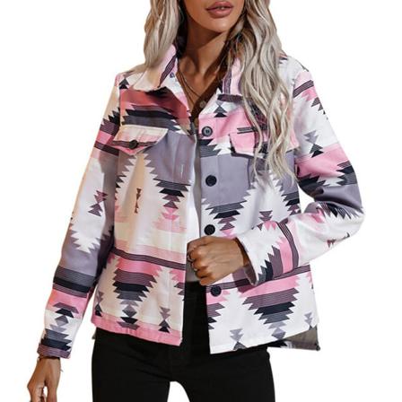 Geometriskt Print För Damer Med Långärmad Lapelhals I Ylle Ytterkläder