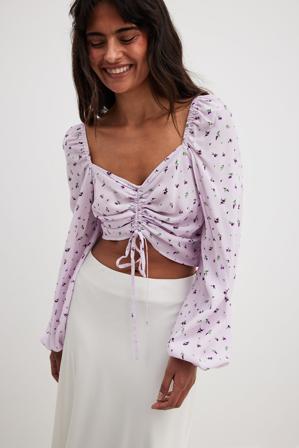 NA-KD Boho Blouse à manches longues et cordon de serrage - Blouses - Violet,Flower - EU 38