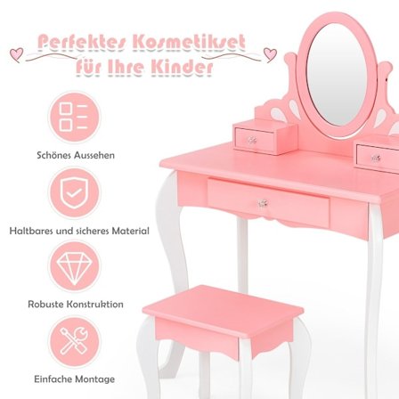 Sminkbord för barn med pall Princess sminkbord med 3 lådor & spegelrosa