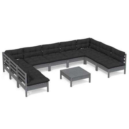 Vidaxl Loungegrupp Med Dynor 10 Delar Grå Massiv Furu Grå