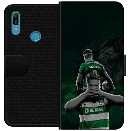 Yhteensopiva Lompakkokotelo Huawei Y6 (2019) Neonmotiivi, jossa teksti "Gaming is in my DNA" sinisenä ja punaisena tiiliseinällä, jossa loistava DNA-s