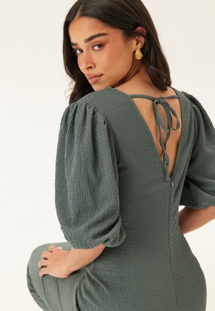Bubbleroom - Structure Puff Sleeve Dress - Dusty green - Kläder