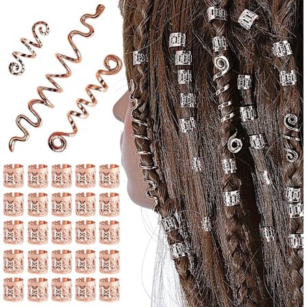 28 stk. Rose Gold Hårspiral Smykker Viking Stil Justerbare Hår Mansjetter Skjegg Hår Tube Perler Metall Dreadlocks Viking Hår Perler Spiral Spole For 