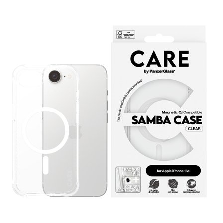 CARE by Panzer Fashionable Case Samba Transparent w. White Qi Compatible iPhone 16e PanzerGlass - High quality tempered glass screen protector
