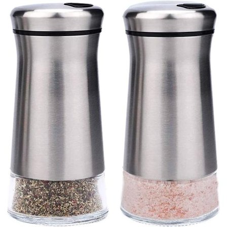Salt- och pepparkvarnar i rostfritt stål med glasbotten och justerbara hål