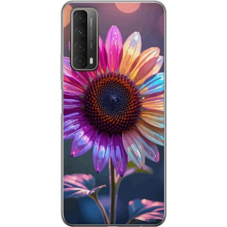 Kompatibelt Mobildeksel til Huawei P smart 2021 Irideserende blomst med glitrende kronblad i rosa lilla og gull mot myk bokeh bakgrunn
