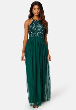 AngelEye High Neck Sequin Maxi Dress Emerald Klær
