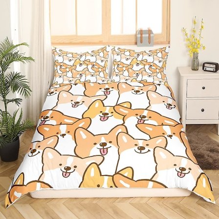 Kawaii Corgi -koirakuvioinen pussilakanasetti, king- ja queen-koot, sarjakuvamainen pennun vuodevaatesetti, söpö lemmikkieläinaiheinen peittopäällinen