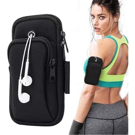 Löpande armband - Telefonarmband - Bärbart telefonarmband - Med hörlursöppning och telefonficka för löpning - Armband för fitness och cykling (svart)