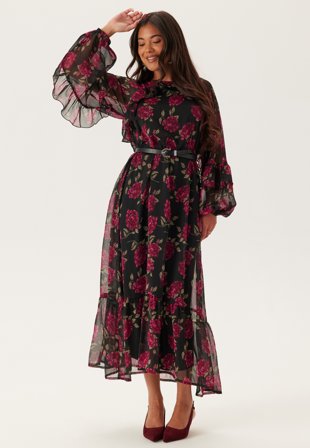 Emelie Olson X Bubbleroom - Frill Maxi Dress - Black/Floral - Kläder
