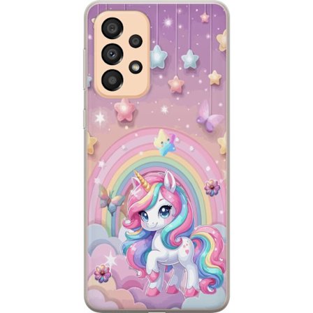 Kompatibel Mobilcover til Samsung Galaxy A33 5G Magisk enhjørning med regnbue manke, stjerner og sommerfugle mod en pastelfarvet himmel med skyer