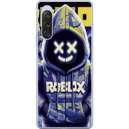 Kompatibelt Mobilskal till Sony Sony Xperia 10 V Blå-gul Roblox huvtröja-figur med minimalistisk neonstil och meshansikte, modern spelillustration f