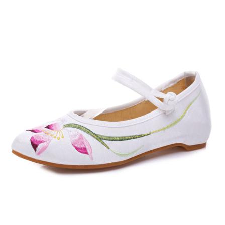 Dam Spetsad Tå Låg Klack Broderade Tyg Skor