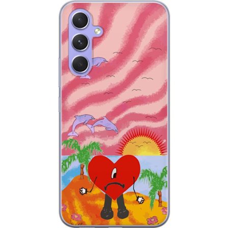 Kompatibelt Mobildeksel til Samsung Galaxy A54 Bad Bunny i en fargerik quiltet jakke med hjertemønster og solbriller i moderne gatestil